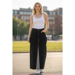 Black Denim Cargo Maxi Skirt High Waisted Front Zip Utility Streetwear Western M